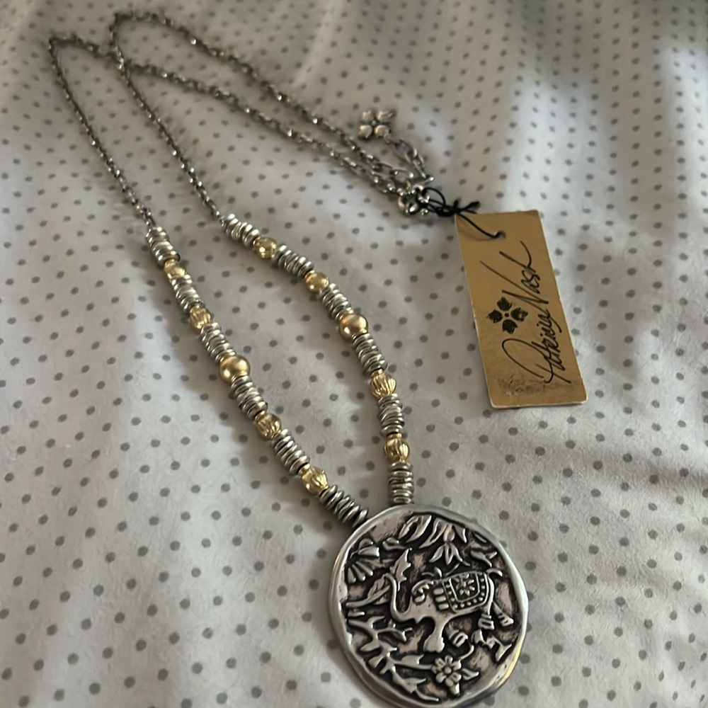 NWT Patricia Nash long (15”) mixed metal “Lucky” medallion necklace